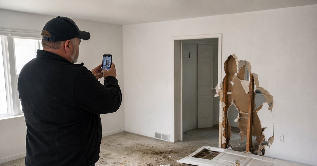 A landlord standing in a damaged rental living room with a large hole in the drywall, stained carpet, and a broken interior door, taking a photo with a phone, daylight from a window
