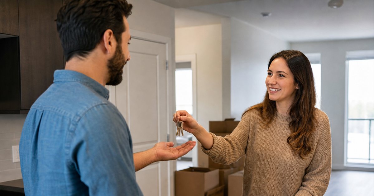 A tenant handing a set of apartment keys across a kitchen counter to a landlord in an emptied apartment, moving boxes stacked by the door, soft window light