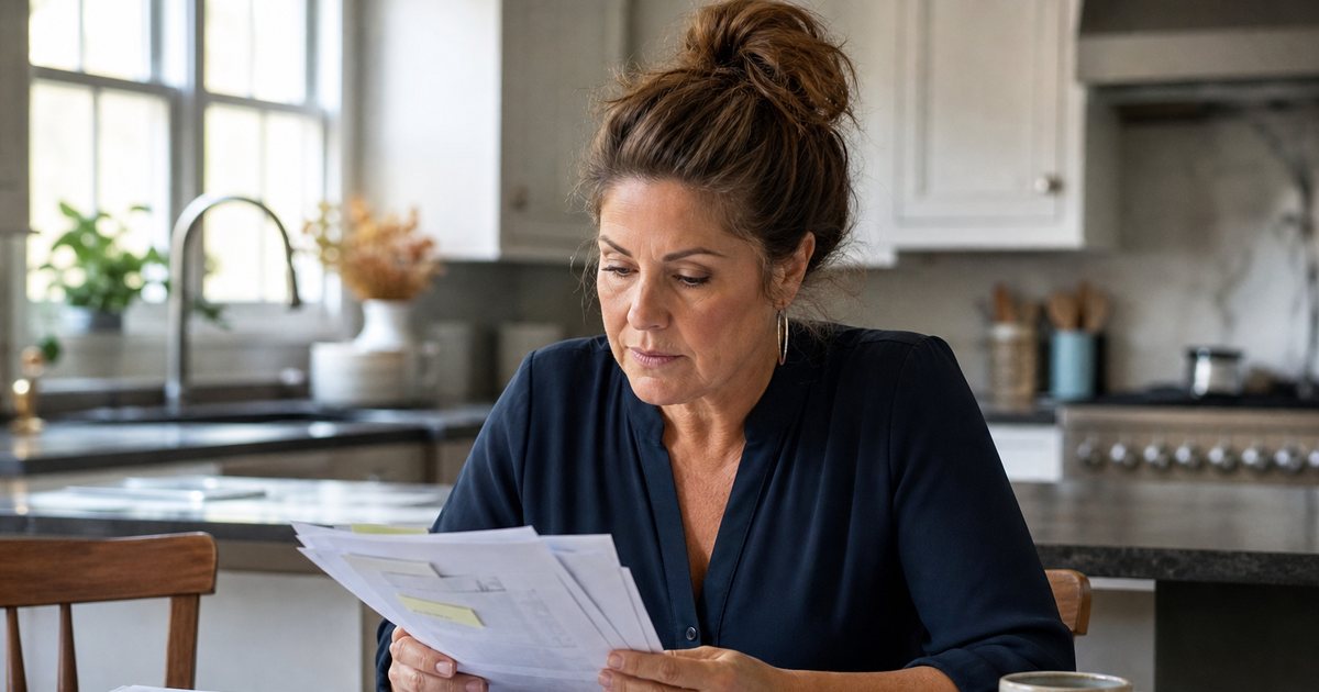 A property manager at a kitchen table reviewing a stack of paper utility bills and a rent ledger notebook with a calculator and a mug of coffee, morning light