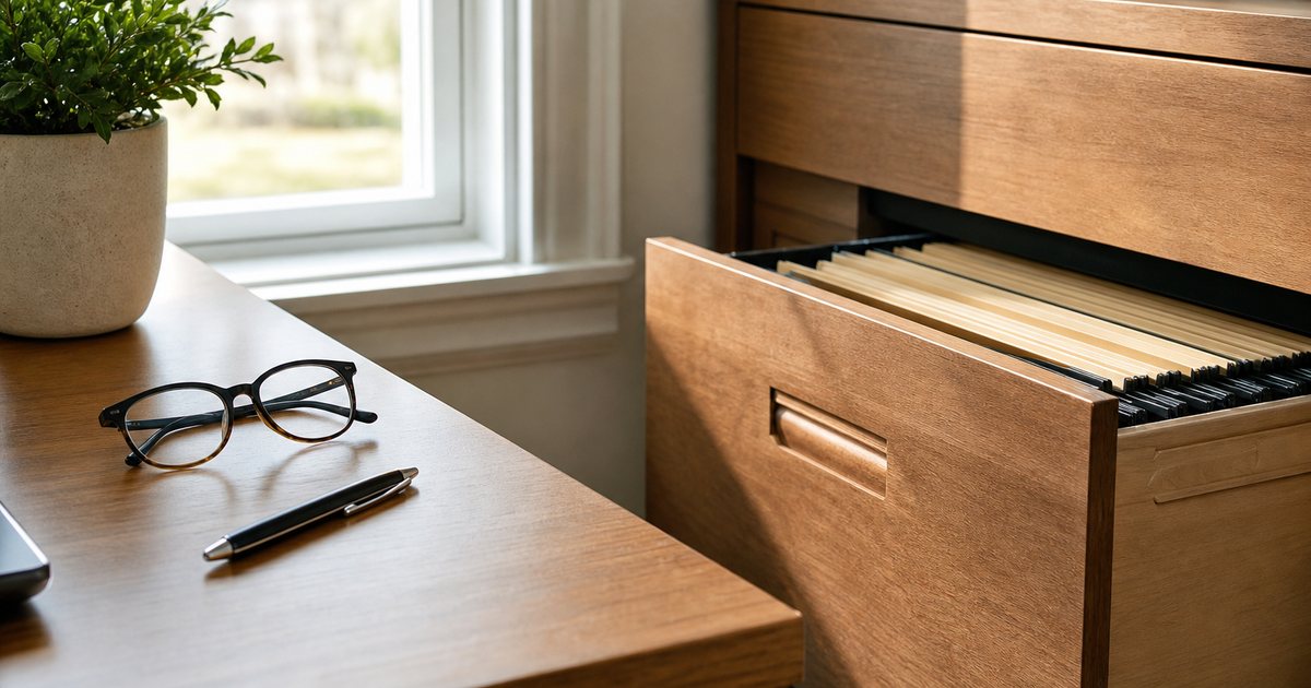 A bright home office corner with a wooden filing cabinet drawer partly open, reading glasses and a pen resting on a plain wooden desk, a small potted plant, soft morning daylight through a window