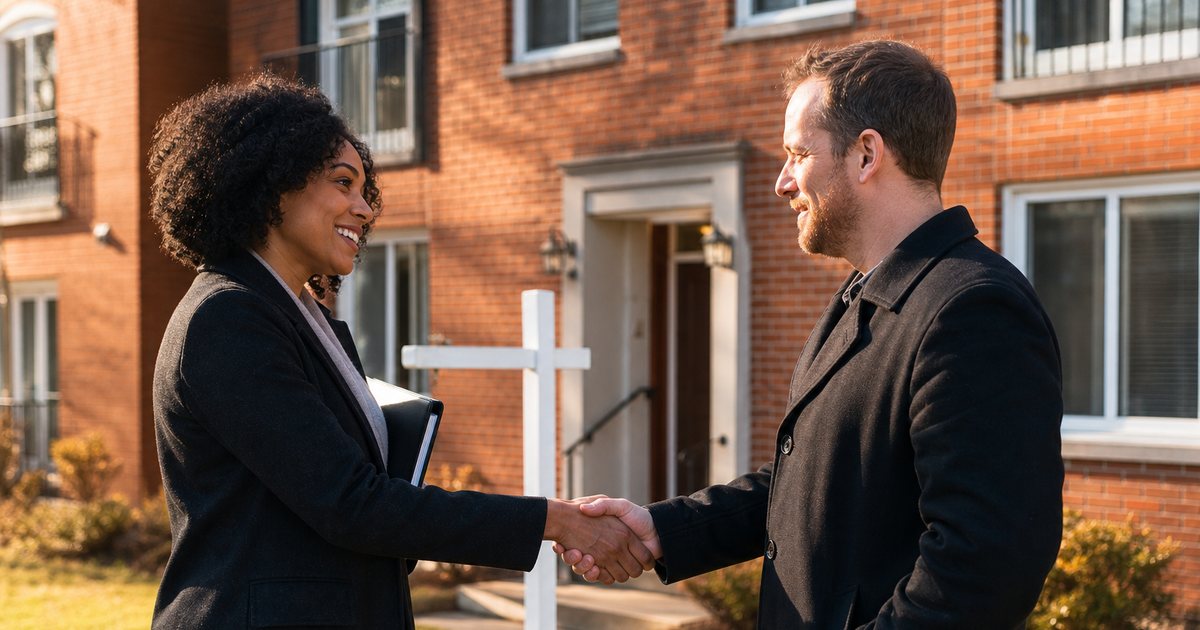 Two people shaking hands in front of a small brick apartment building with a for sale sign post in the yard, a folder of papers under one arm, sunny afternoon