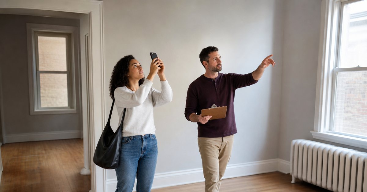 A landlord and a new tenant walking through an empty, freshly painted apartment with a clipboard and a phone camera, natural window light, hardwood floors