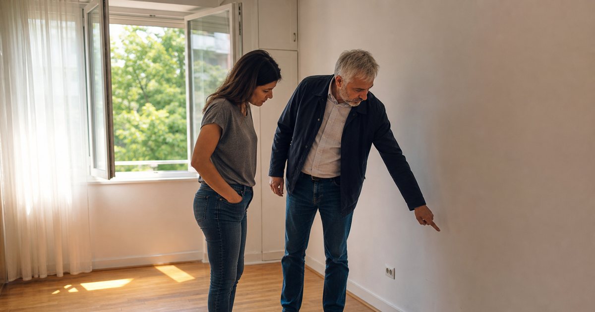 A landlord and a tenant standing together in an empty sunlit apartment living room, one person pointing toward a scuffed baseboard, bare hardwood floor, open window with sheer curtains, natural afternoon light