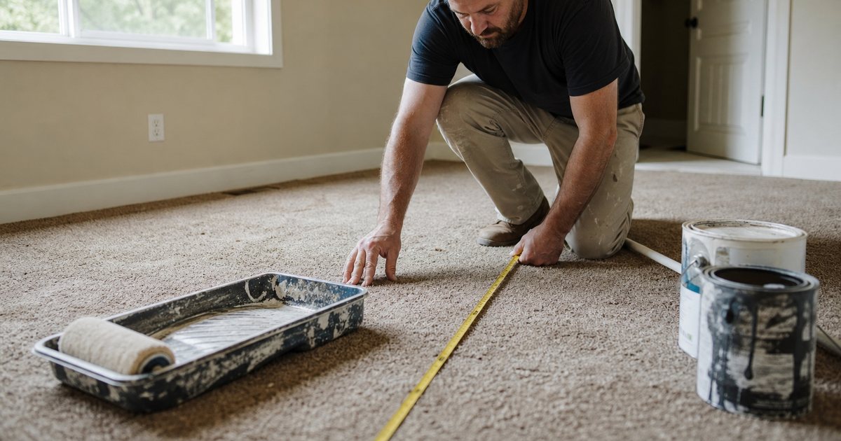 A contractor kneeling on the floor of an empty bedroom measuring a worn beige carpet with a tape measure, paint cans and a roller tray nearby, bright daylight