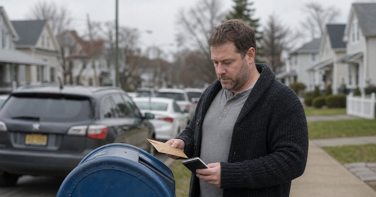 A landlord standing at a blue curbside mailbox on a suburban street holding a sealed envelope and a small notebook, overcast morning, parked cars in the background