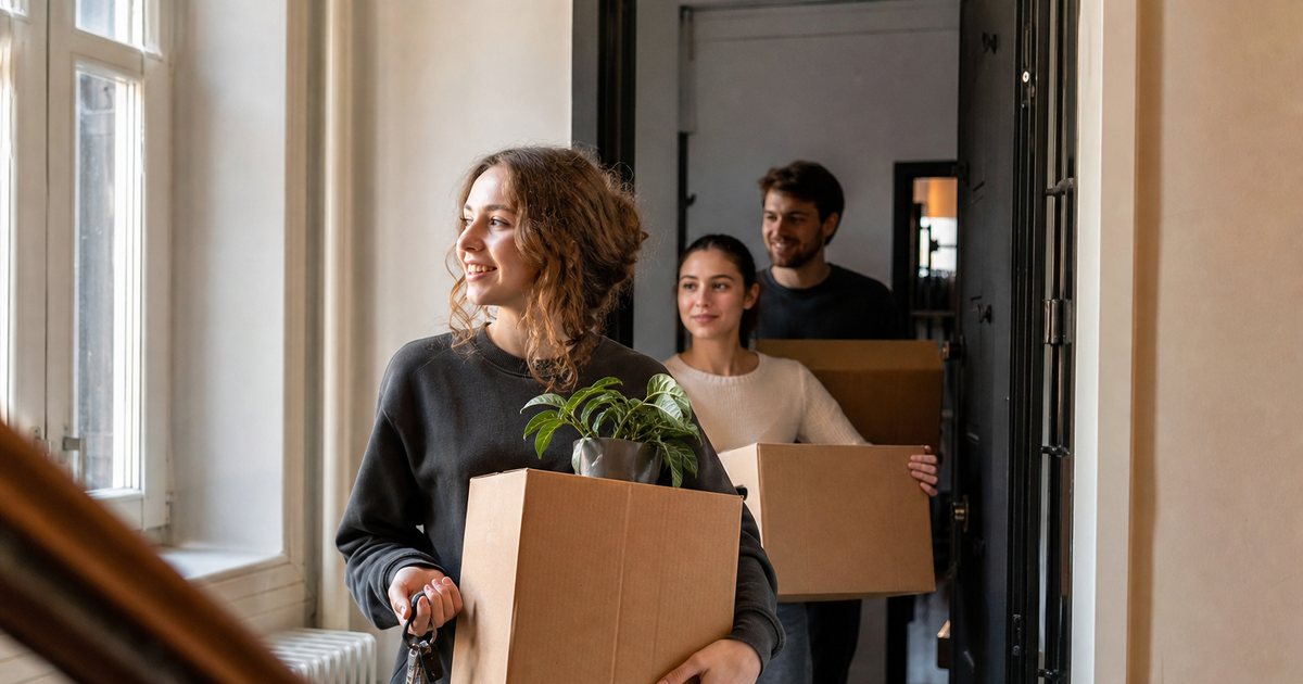 Three young adults carrying moving boxes out of a shared apartment doorway into a hallway, one holding a set of keys, afternoon light through a stairwell window